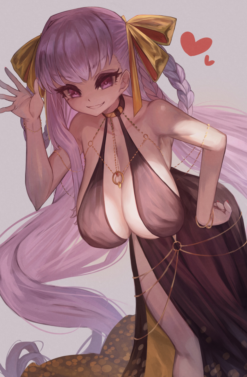 absurdres bare_shoulders bb_(fate) bb_dubai_(fate) belly_chain black_dress braid braided_hair_rings breasts center_opening chains cleavage collarbone dress fate/grand_order fate_(series) female gold_chain gold_dress grin hair_ribbon heart highres jewelry large_breasts leaning_forward long_hair looking_at_viewer m0_chi necklace purple_eyes purple_hair ribbon side_slit smile solo twin_braids yellow_ribbon