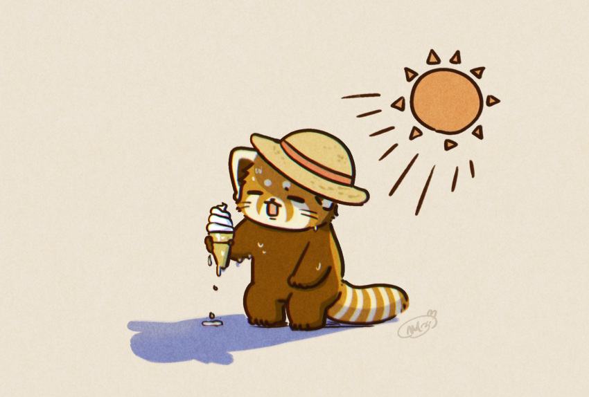 2024 ailurid biped bodily_fluids chibi closed_eyes clothing dessert feral food hat headgear headwear hi_res ice_cream kemono mammal red_panda shi_nominmin simple_background solo straw_hat sun sweat