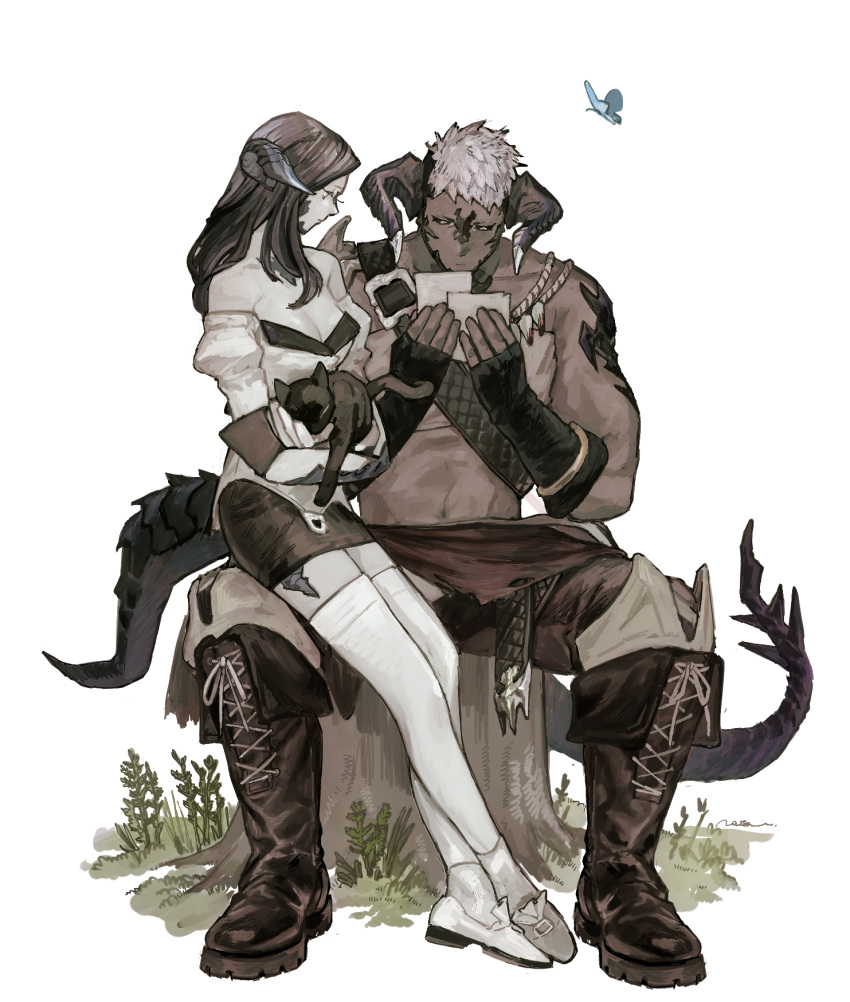 1boy animal au_ra black_sclera boots brown_hair bug butterfly colored_sclera commentary_request detached_sleeves feline female final_fantasy final_fantasy_xiv fingerless_gloves full_body gloves highres holding holding_animal horns lizard_tail long_hair low_horns natsu_(rodysanp) outdoors scales short_hair simple_background sitting sitting_on_lap sitting_on_person skirt tail white_background