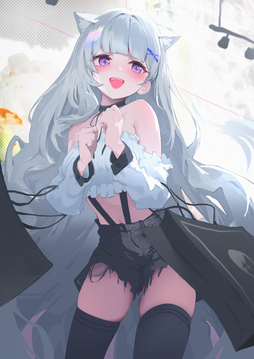 :d absurdres animal_ears ayatsuno_yuni bag bare_shoulders big_hair black_choker black_shorts black_thighhighs blunt_bangs blush breasts cat_ears choker contrapposto cowboy_shot cross-shaped_pupils cutoffs detached_sleeves female frilled_sleeves frilled_tube_top frills grey_hair hair_ornament highres holding holding_bag long_hair long_sleeves looking_at_viewer medium_breasts navel purple_eyes short_shorts shorts skindentation smile solo stellive strapless suspenders symbol-shaped_pupils thighhighs thumbsup_stella tube_top very_long_hair virtual_youtuber white_sleeves white_tube_top x_hair_ornament