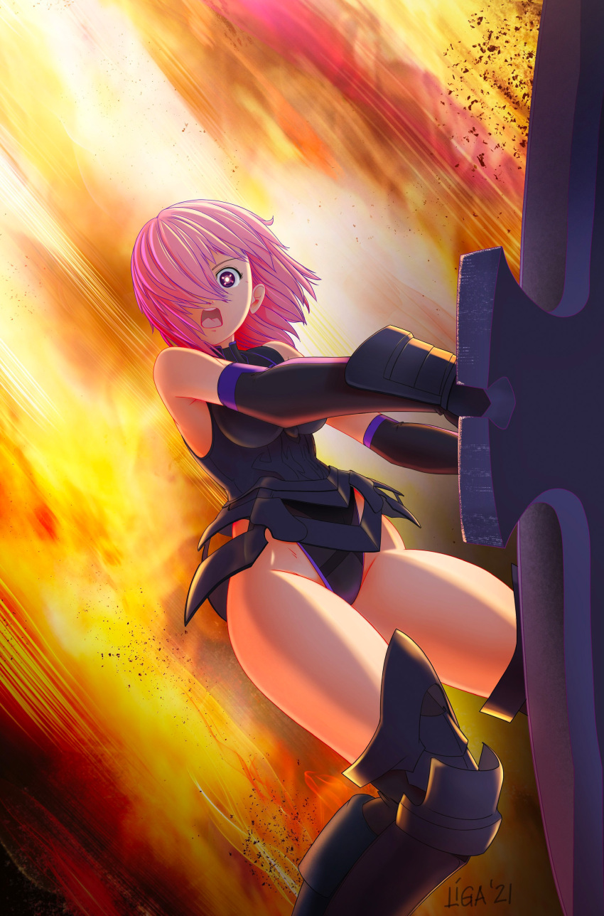 absurdres bare_shoulders black_gloves black_leotard elbow_gloves explosion fate/grand_order fate_(series) female gloves highres holding holding_shield inisipis leotard mash_kyrielight medium_hair one_eye_covered pink_eyes pink_hair shield solo