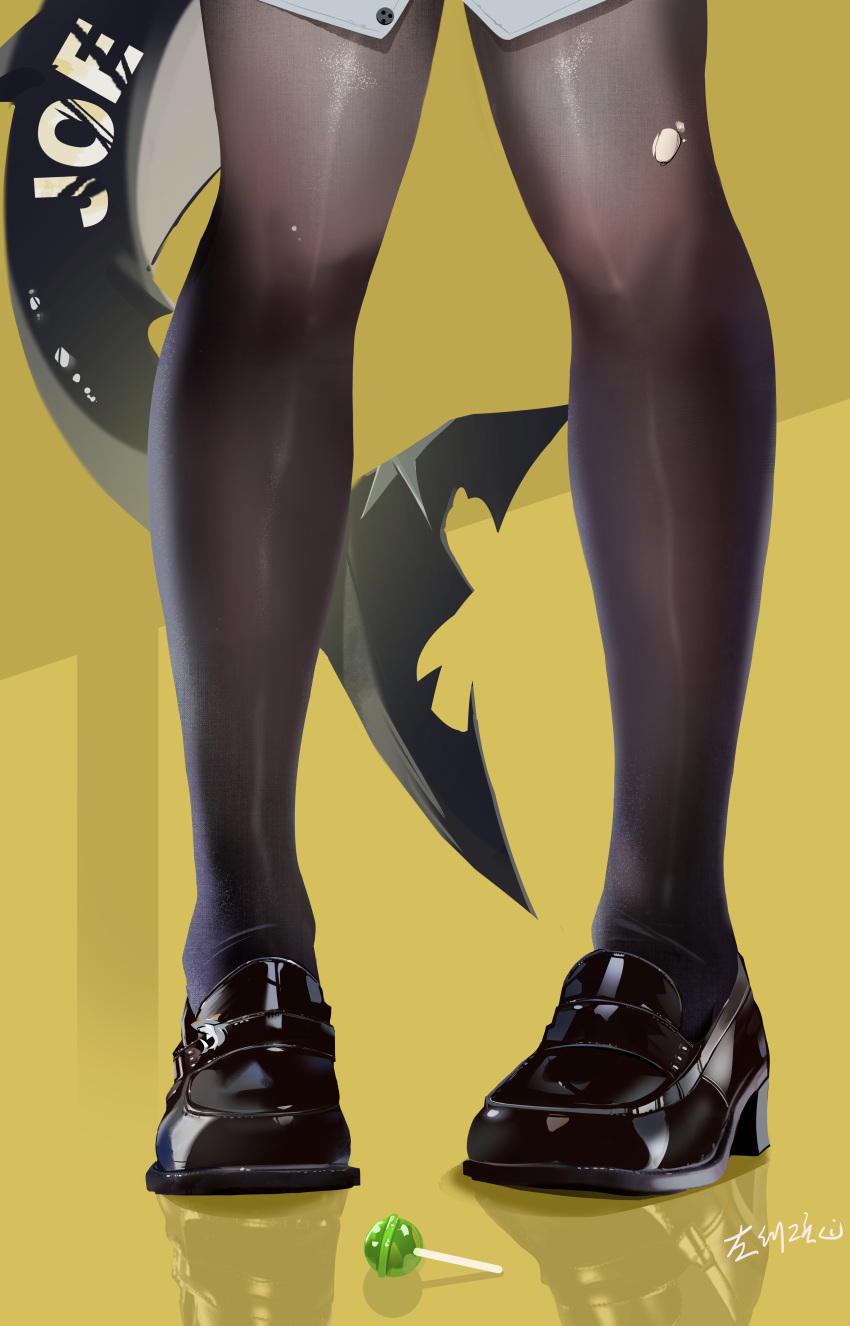 absurdres black_footwear black_pantyhose candy ellen_joe feet female fine_fabric_emphasis fins fish_tail food foot_focus footwear_focus highres lollipop pantyhose reflection sabou_san-shitsu_kokoro scar scar_on_tail shark_tail signature solo tail torn_clothes torn_pantyhose yellow_background zenless_zone_zero