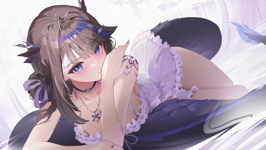 absurdres airi_kanna black_choker blue_eyes blue_hair blue_nails breasts brown_hair choker closed_mouth dragon_girl dragon_horns dragon_tail dress female forehead_tattoo frilled_dress frills hand_on_own_cheek hand_on_own_face highres horns jewelry large_breasts long_hair looking_at_viewer lying multicolored_hair necklace nightgown on_stomach ring short_dress shoulder_tattoo solo stellive streaked_hair tail tattoo thighs thumbsup_stella virtual_youtuber white_dress white_nightgown