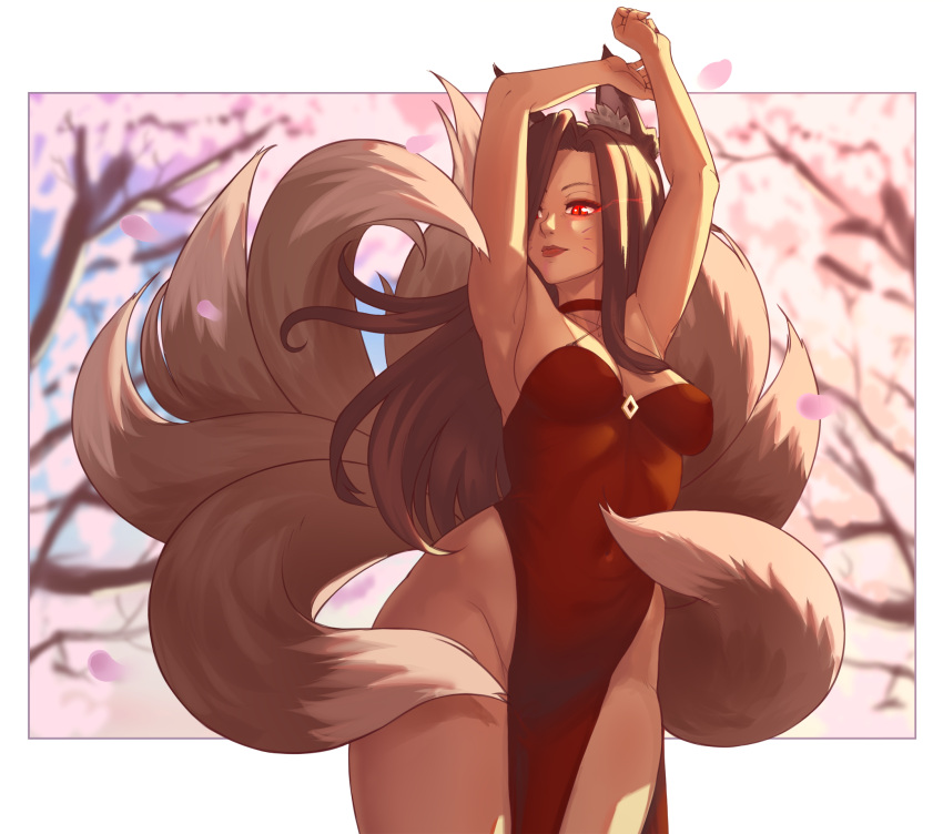 animal_ear_fluff animal_ears arms_up bloopiest blurry blurry_background breasts brown_hair cherry_blossoms commission dress facial_mark falling_petals female fox_ears fox_girl fox_tail glowing glowing_eyes highleg highleg_dress highres large_breasts lips long_hair multiple_tails original petals red_dress red_eyes red_lips solo tail whisker_markings