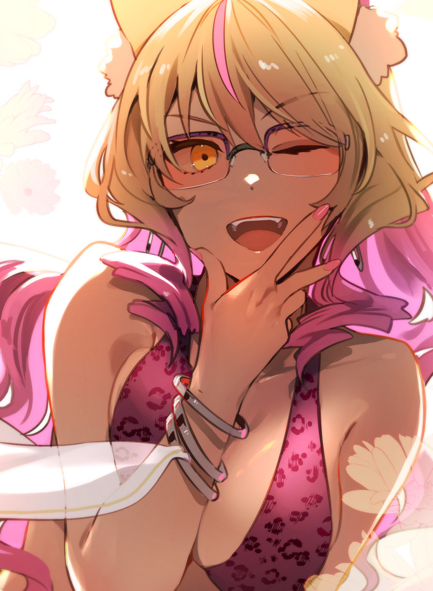 absurdres animal_ears animal_print bare_shoulders bikini blonde_hair bracelet breasts cleavage collarbone dark-skinned_female dark_skin eyewear_on_head fate/grand_order fate_(series) female fox_ears fox_girl gradient_hair highres jewelry large_breasts leopard_print long_hair looking_at_viewer multicolored_hair necklace one_eye_closed open_mouth pink_bikini pink_hair sidelocks smile solo sunglasses suzuka_gozen_(fate) suzuka_gozen_(swimsuit_rider)_(fate) suzuka_gozen_(swimsuit_rider)_(second_ascension)_(fate) swimsuit tan tia_(cocorosso) yellow_eyes