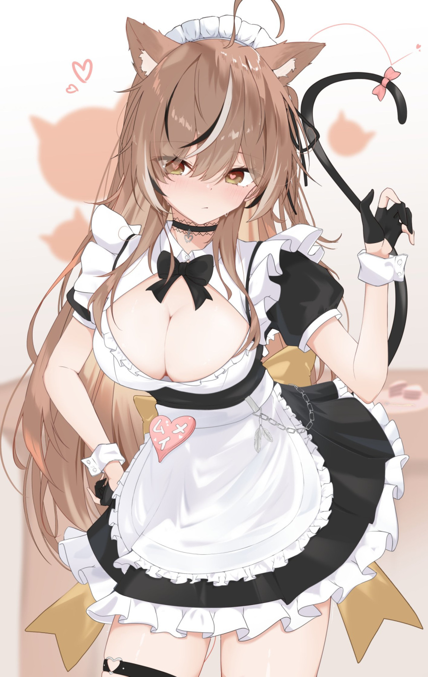 ? ahoge alternate_costume animal_ears animal_print black_bow black_bowtie black_choker black_dress black_hair bow bowtie breasts brown_hair cat_ears cat_print cat_tail choker cleavage commentary dress female frilled_dress frills hand_on_own_hip hand_up heart heart-shaped_pupils heart_o-ring highres hololive hololive_english implied_vibrator kemonomimi_mode lace lace_choker large_breasts looking_at_viewer maid multicolored_hair nanashi_mumei narukahana o-ring o-ring_thigh_strap official_alternate_hairstyle open_mouth puffy_short_sleeves puffy_sleeves remote_control_vibrator sex_toy short_sleeves solo streaked_hair symbol-shaped_pupils tail thigh_strap vibrator virtual_youtuber white_hair white_wrist_cuffs wrist_cuffs