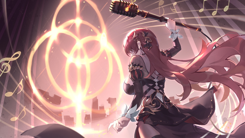 asc11 black_dress breasts cityscape dress eden_(honkai_impact) female from_behind hair_ornament highres holding holding_microphone_stand honkai_(series) honkai_impact_3rd large_breasts long_hair long_sleeves microphone_stand musical_note night night_sky red_hair sideboob sky solo thighs