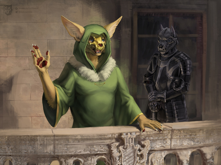 4:3 ambiguous_gender anthro armor balcony basitin bone canid canine canis cloak clothing digital_media_(artwork) domestic_dog duo hi_res hood knight male mammal mask melee_weapon paws prick_ears skull sword techiesxc teeth twokinds warrior weapon window