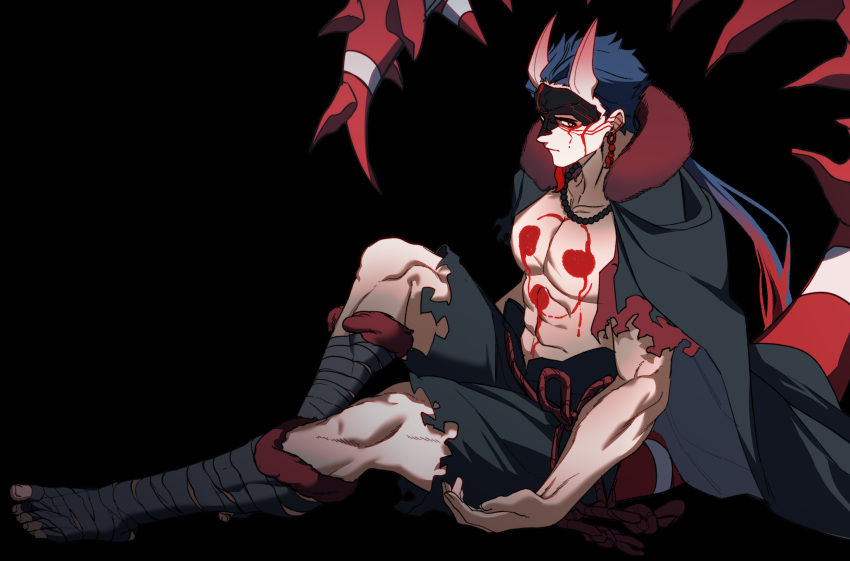 1boy abs alternate_species bandaged_leg bandages black_background black_bandages black_cape black_mask blue_hair cape collarbone cu_chulainn_(fate) cu_chulainn_alter_(fate) cu_chulainn_alter_(fgo_fes._2024)_(fate) earrings facial_mark fate/grand_order fate_(series) full_body highres horns invisible_chair jewelry long_hair male_focus monster_boy multicolored_hair muscular muscular_male red_hair sattari simple_background sitting solo spiked_tail tail tattoo topless_male two-tone_hair