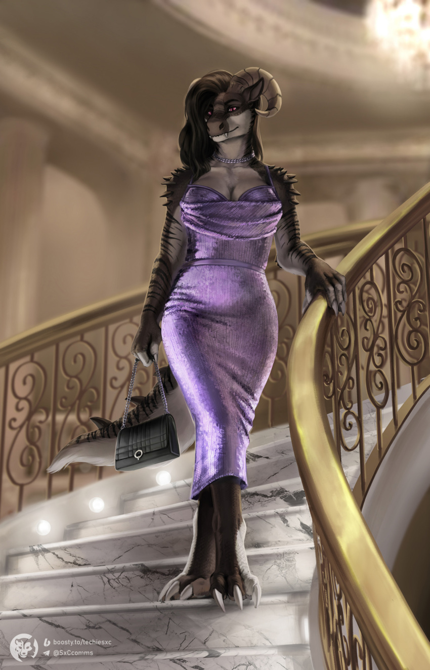 anthro bag canid canine canis claws clothing digital_media_(artwork) dragon dress evening_dress female hair hi_res horn hybrid mammal mythological_creature mythological_scalie mythology purse scalie solo squinted_eyes stairs tail techiesxc toe_claws wolf