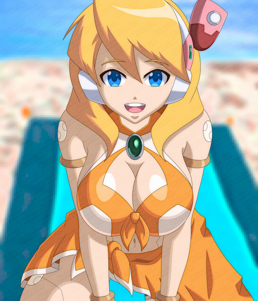 absurdres alia_(mega_man) android armlet artist_name beach bikini blonde_hair blue_eyes blurry blurry_background bracelet breasts capcom cleavage day eye_contact female hair_between_eyes headgear highres jewelry joints large_breasts leaning_forward looking_at_another looking_at_viewer medium_hair mega_man_(series) mega_man_x_(series) mega_man_x_dive navigator ocean official_alternate_costume open_mouth orange_bikini orange_sarong outdoors robot_ears robot_girl robot_joints rockmangrave sand sarong smile solo solo_focus summer swimsuit towel twitter_username water watermark