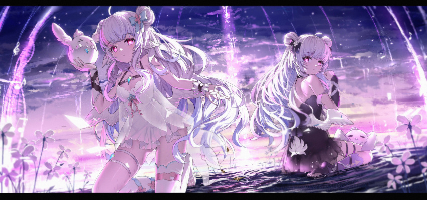 2girls absurdres ahoge angel angel_wings bare_shoulders barefoot black_dress bow double_bun dress flower geez hair_bun hairbow highres holding holding_flower kneeling long_hair looking_at_viewer low_wings multiple_girls original outdoors pink_eyes short_dress sitting symbol-shaped_pupils thigh_strap thighhighs toeless_legwear wariza water white_dress white_flower white_hair white_thighhighs white_wings wings