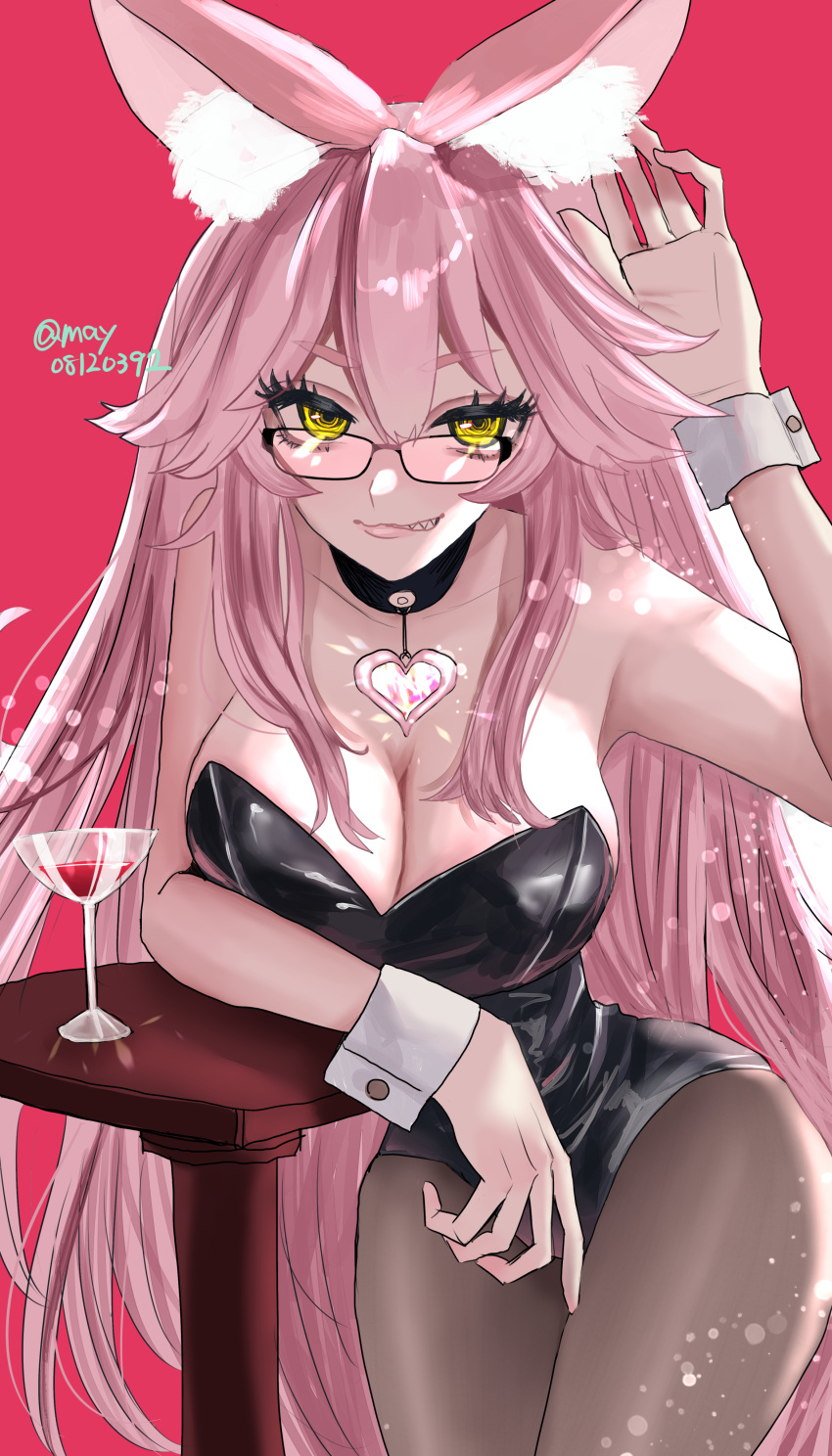 absurdres alternate_costume animal_ear_fluff animal_ears bare_shoulders black_leotard black_pantyhose breasts choker cleavage cup drinking_glass fate/grand_order fate_(series) female fox_ears glasses heart heart_choker highres koyanskaya_(fate) large_breasts leotard long_hair looking_at_viewer pantyhose pink_background pink_hair playboy_bunny skeymd solo table tamamo_(fate) twitter_username very_long_hair wine_glass wrist_cuffs yellow_eyes