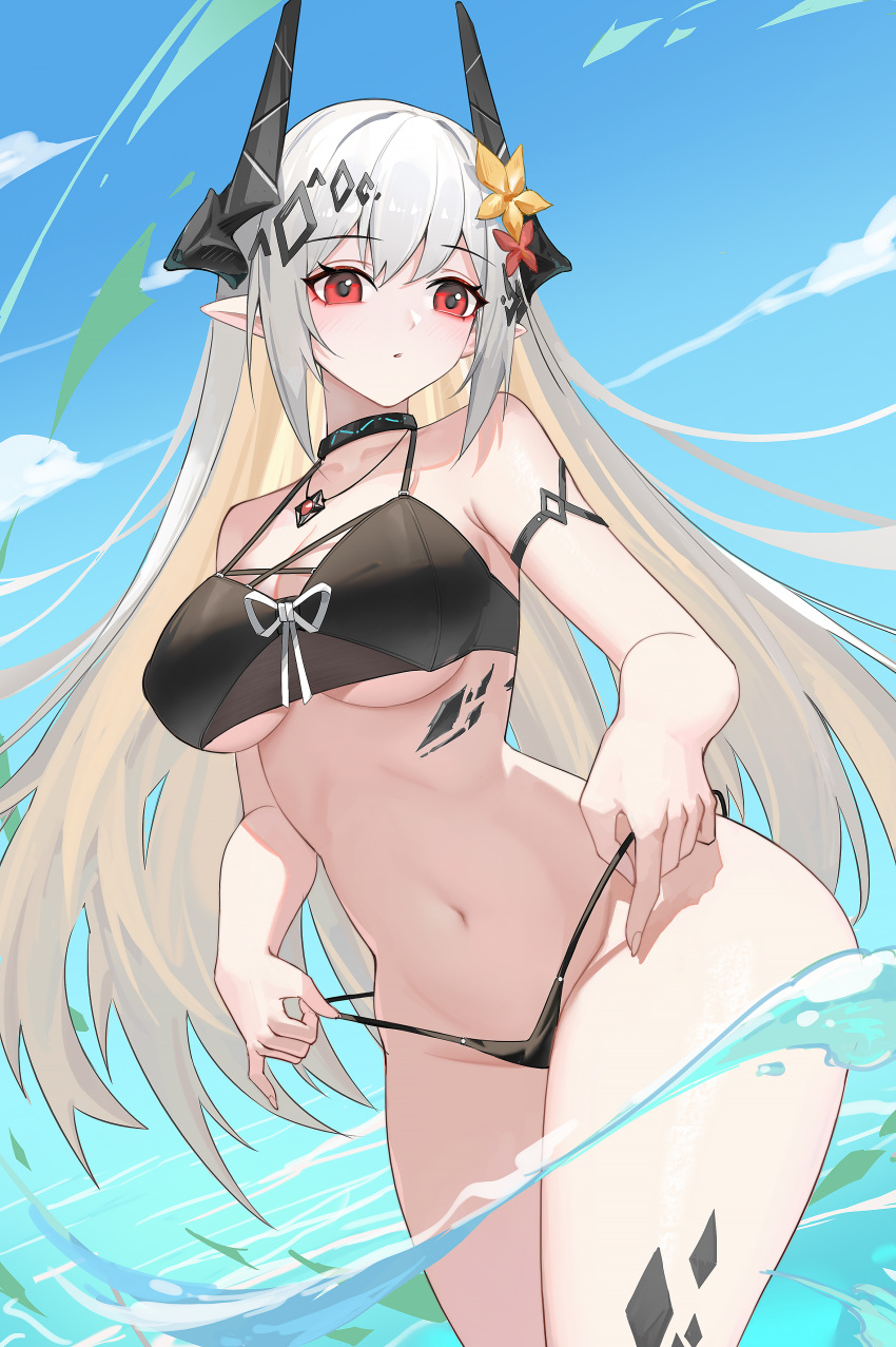 absurdres aiceq_(qianchen1999) arknights beach bikini black_bikini black_horns breasts chinese_commentary cleavage collarbone commentary cowboy_shot day female flower grey_hair groin hair_flower hair_ornament highres horns infection_monitor_(arknights) jewelry large_breasts long_hair material_growth micro_bikini mudrock_(arknights) navel oripathy_lesion_(arknights) outdoors parted_lips pendant pointy_ears red_eyes red_flower solo standing sunlight swimsuit wading water yellow_flower