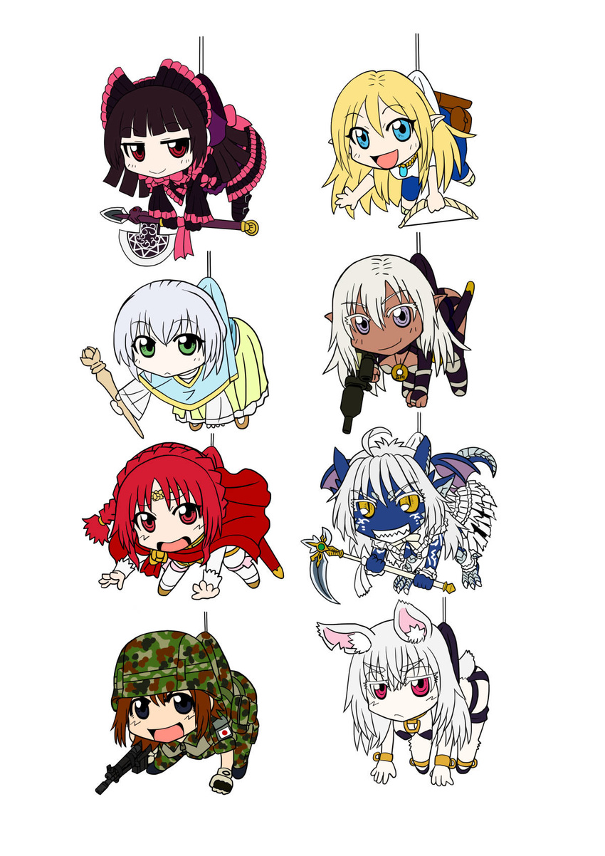 6+girls :d ahoge animal_ears battle_rifle black_hair blonde_hair blue_eyes blue_skin bow_(weapon) breasts bridal_gauntlets brown_eyes cape capelet chibi claws cleavage collar colored_skin commentary_request cuffs dark-skinned_female dark_elf dark_skin dragon_girl dragon_horns dragon_tail dragon_wings elf gate_-_jieitai_ka_no_chi_nite_kaku_tatakaeri giselle_(gate) gloves green_eyes grey_hair grin gun halberd helmet highres horns howa_type_64 jewelry kuribayashi_shino lelei_la_lalena long_hair medium_breasts military military_uniform multiple_girls necklace open_mouth panzerfaust_3 pendant pina_co_lada_(gate) pointy_ears polearm purple_eyes rabbit_ears rabbit_tail red_cape red_eyes red_hair rifle ringed_eyes rocket_launcher rory_mercury sao_satoru scythe shackles sharp_teeth simple_background slave slit_pupils smile staff tail teeth tuka_luna_marceau tyuule uniform weapon white_background white_hair white_skin wings yao_haa_dushi yellow_eyes