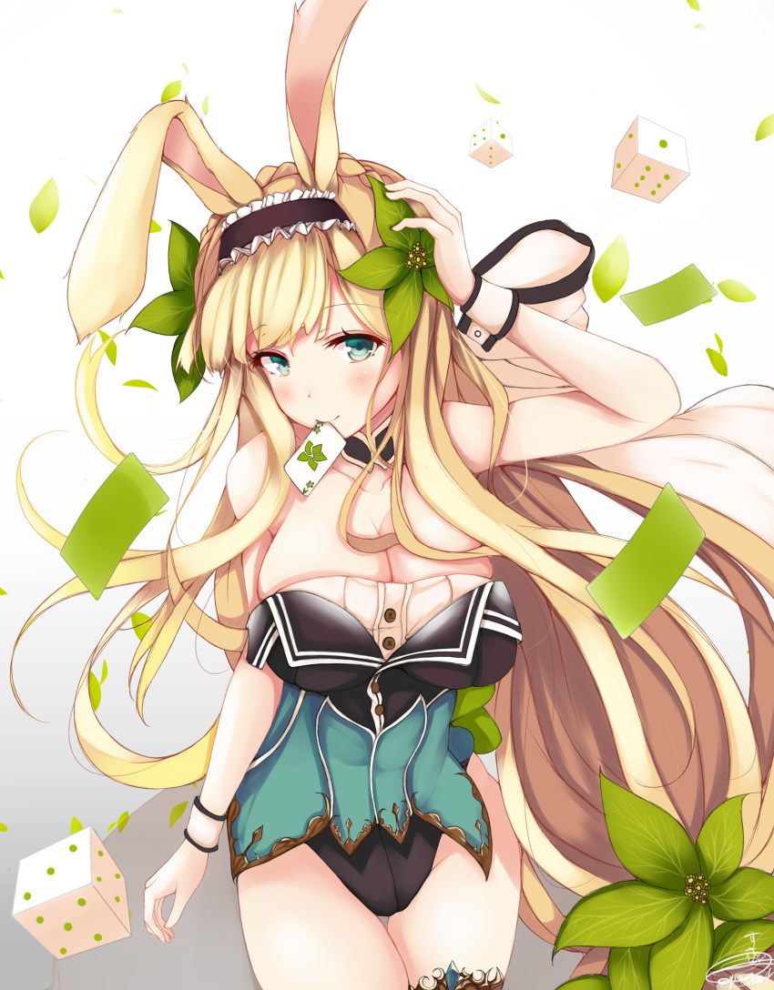 animal_ears arm_up bare_shoulders black_hairband blonde_hair blue_eyes breasts bupleurum_(flower_knight_girl) card closed_mouth commentary_request dice female flower flower_knight_girl hair_flower hair_ornament hairband highres large_breasts leotard long_hair mouth_hold rabbit_ears standing suzume_(simple0091) thighhighs wrist_cuffs