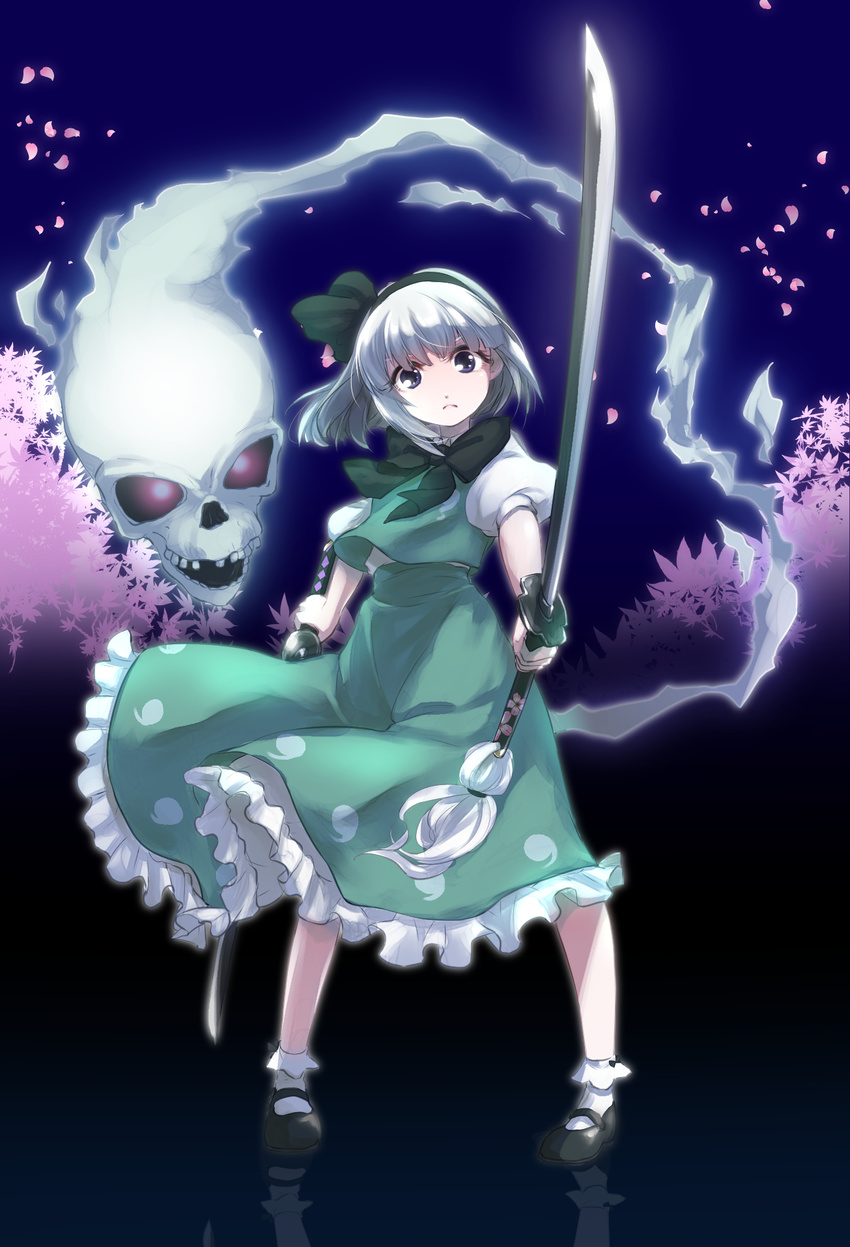 black_hairband bow cherry_blossoms commentary_request dual_wielding female grey_hair hair_ribbon hairband highres hitodama hk_tagosaku holding konpaku_youmu petals reflection ribbon short_hair skull solo sword touhou weapon