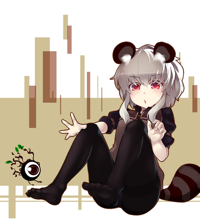 animal_ears black_pantyhose blush commentary_request feet female highres open_mouth original pantyhose raccoon_ears raccoon_tail red_eyes short_hair solo tail winu_(hertrion)