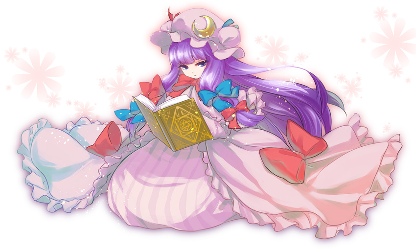 book commentary_request crescent dress female hair_ribbon hat highres hk_tagosaku kneeling long_hair patchouli_knowledge purple_eyes purple_hair ribbon solo touhou