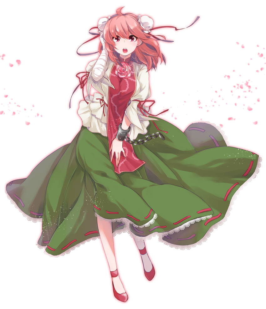 absurdres ahoge bandages bun_cover chains commentary_request double_bun dress female flower hair_bun highres hk_tagosaku ibaraki_kasen open_mouth petals pink_eyes pink_hair rose solo touhou