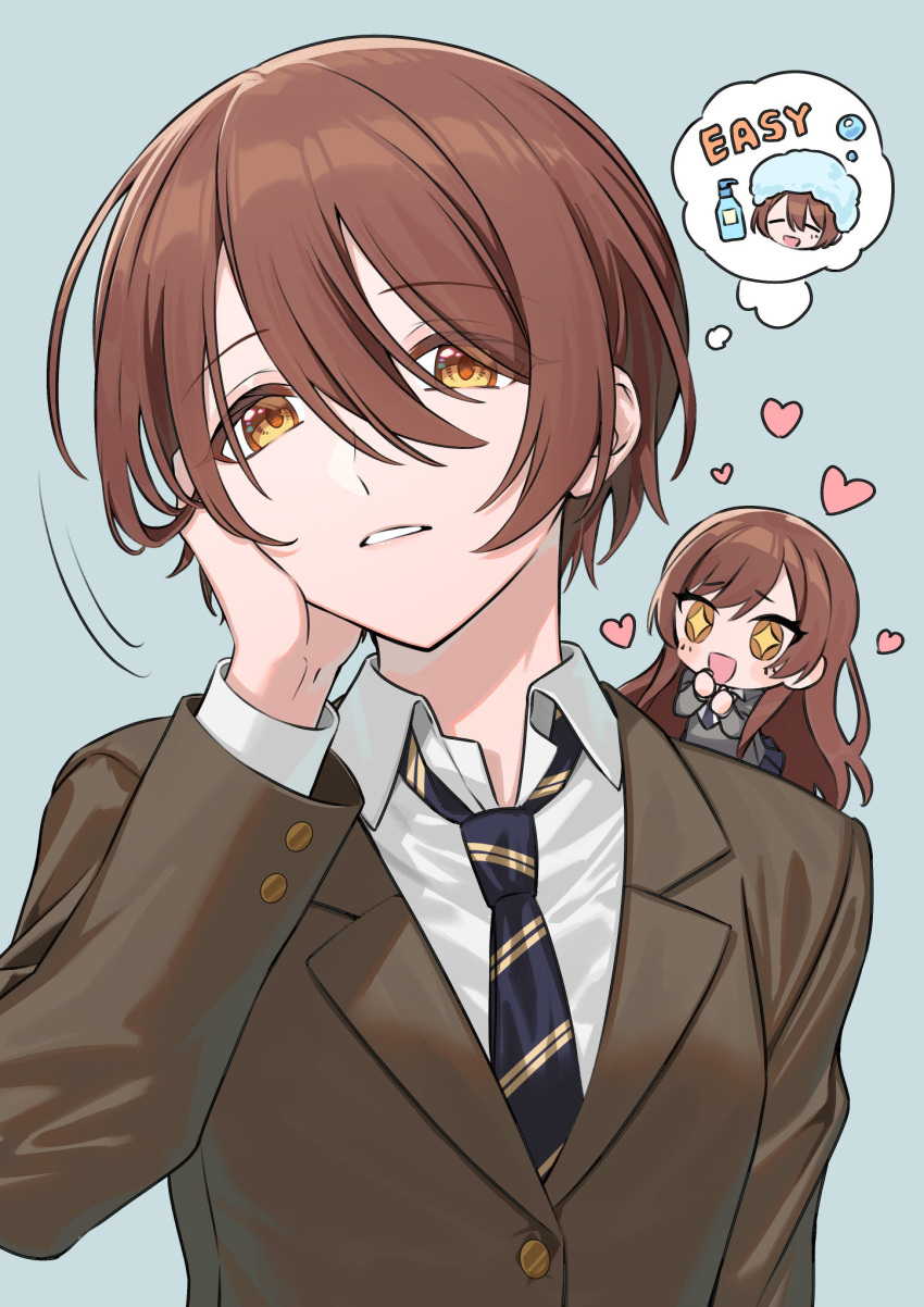 +_+ 2girls alternate_hair_length alternate_hairstyle blazer blush brown_hair diagonal-striped_clothes diagonal-striped_necktie grey_sweater hair_between_eyes heart highres idolmaster idolmaster_shiny_colors jacket long_hair long_sleeves multiple_girls necktie open_mouth osaki_amana osaki_tenka school_uniform shirt short_hair siblings sisters smile striped_clothes striped_necktie sweater swept_bangs talaloco twins yellow_eyes