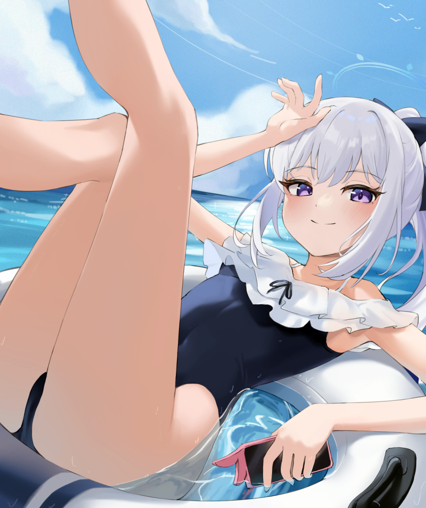 blue_archive blue_halo blue_one-piece_swimsuit casual_one-piece_swimsuit covered_navel female floating frilled_one-piece_swimsuit frills green_tea_(greente43670136) halo hand_on_own_head highres legs_up long_hair looking_at_viewer miyako_(blue_archive) miyako_(swimsuit)_(blue_archive) off-shoulder_one-piece_swimsuit off_shoulder official_alternate_costume on_innertube one-piece_swimsuit ponytail purple_eyes smile solo swimsuit white_hair white_innertube