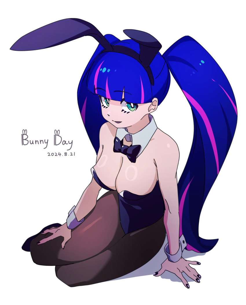 alternate_hairstyle animal_ear_hairband animal_ears aqua_eyes black_bow black_bowtie black_footwear black_leotard black_nails black_pantyhose blue_hair bow bowtie breasts bunny_day dated detached_collar fake_animal_ears female full_body hairband highres leotard long_hair looking_at_viewer lowlay60 multicolored_hair nail_polish panty_&_stocking_with_garterbelt pantyhose playboy_bunny purple_hair rabbit_ear_hairband rabbit_ears simple_background sitting solo stocking_(psg) streaked_hair twintails two-tone_hair white_background wrist_cuffs yokozuwari