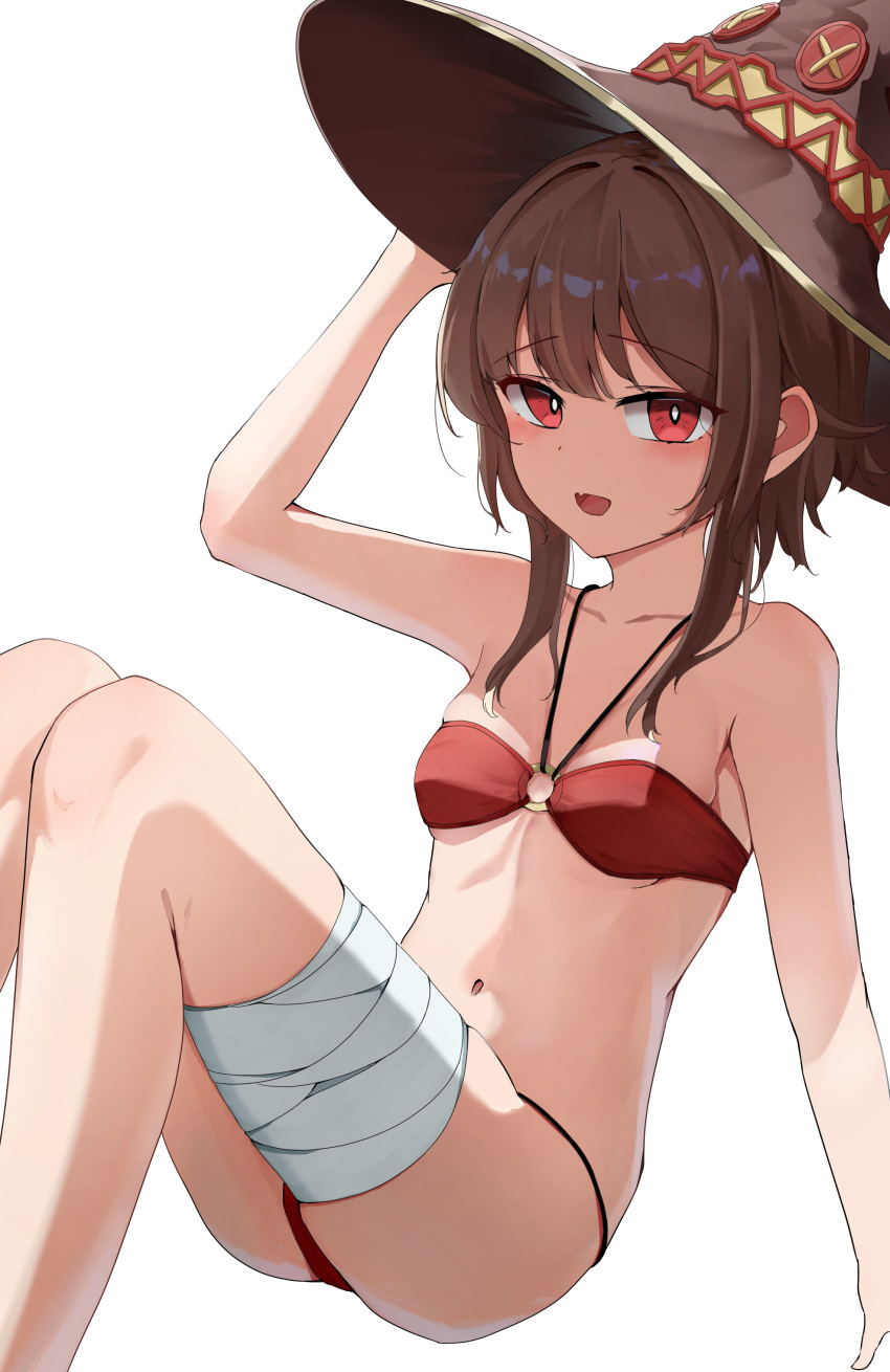 absurdres bandaged_leg bandages bikini black_hat breasts brown_hair feet_out_of_frame female hat highres kono_subarashii_sekai_ni_shukufuku_wo! megumin navel o-ring o-ring_bikini o-ring_top red_bikini red_eyes shiraiyu short_hair_with_long_locks simple_background small_breasts solo swimsuit white_background witch_hat