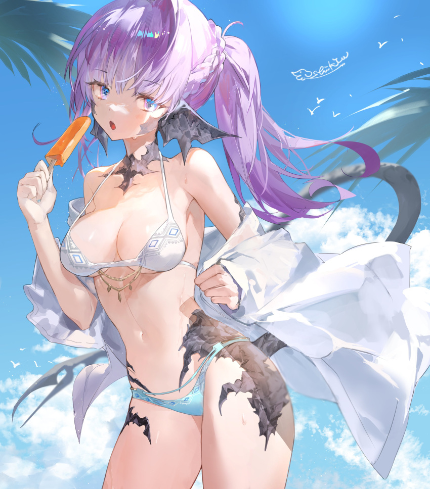 absurdres au_ra bikini black_scales blue_bikini blue_eyes blue_sky braid breasts dragon_girl dragon_horns dragon_tail female final_fantasy final_fantasy_xiv food highres horns jacket medium_breasts open_mouth outdoors palm_tree ponytail popsicle purple_hair shikina_(mochigushi_) sky solo swimsuit tail tree warrior_of_light_(ff14) white_bikini white_jacket