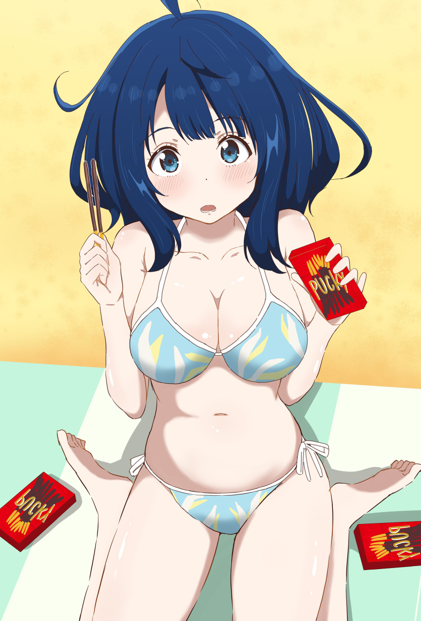 ahoge bikini blue_bikini blue_eyes blue_hair box breasts cleavage collarbone female food highres holding make_heroine_ga_oo_sugiru! medium_breasts medium_hair pocky side-tie_bikini_bottom sitting solo swimsuit tottsan wariza yanami_anna