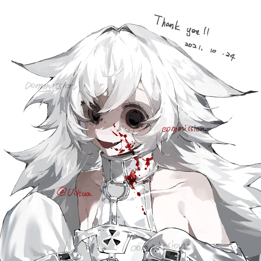 black_eyes blood blood_on_clothes blood_on_face chinese_commentary collarbone commentary_request commission dated detached_sleeves empty_eyes english_text female hair_flaps highres long_hair oerba_yun_fang open_mouth original shirt simple_background skin_fang sleeveless sleeveless_shirt smile solo thank_you upper_body vihua6 watermark white_background white_hair white_shirt white_sleeves wide-eyed