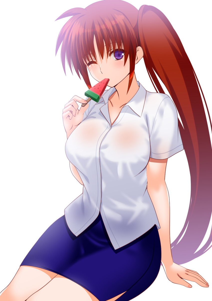 blue_skirt blush breasts brown_hair collarbone engo_(aquawatery) female food highres large_breasts long_hair looking_at_viewer lyrical_nanoha mahou_shoujo_lyrical_nanoha_strikers miniskirt one_eye_closed popsicle purple_eyes shirt side_ponytail simple_background skirt solo takamachi_nanoha watermelon_bar white_background white_shirt