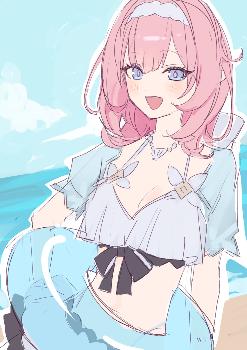 absurdres beach bikini bikini_skirt blue_eyes blue_innertube blue_sky breasts cleavage elf elysia_(honkai_impact) elysia_(miss_pink_elf)_(honkai_impact) elysia_(summer_miss_elf)_(honkai_impact) female hairband highres holding holding_swim_ring honkai_(series) honkai_impact_3rd jewelry large_breasts long_hair looking_at_viewer necklace ocean open_mouth pearl_necklace pink_hair pointy_ears roena sand sky smile solo stomach swim_ring swimsuit white_bikini white_hairband