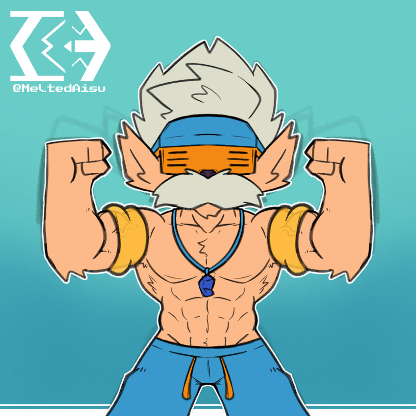 2024 4_fingers abs anthro armpit_hair biceps biped blue_background blue_clothing blue_swimming_trunks blue_swimwear body_hair clothing colored duo eyewear facial_hair feral fingers flexing flexing_bicep footwear fur heimerdinger_(lol) hi_res humanoid league_of_legends male male/male meltedaisu moustache muscular muscular_anthro muscular_male navel pecs riot_games sandals shoes short_stack simple_background sitting solo solo_focus sunglasses swimming_trunks swimwear tencent triceps vein veiny_muscles watermark yellow_body yellow_fur yordle