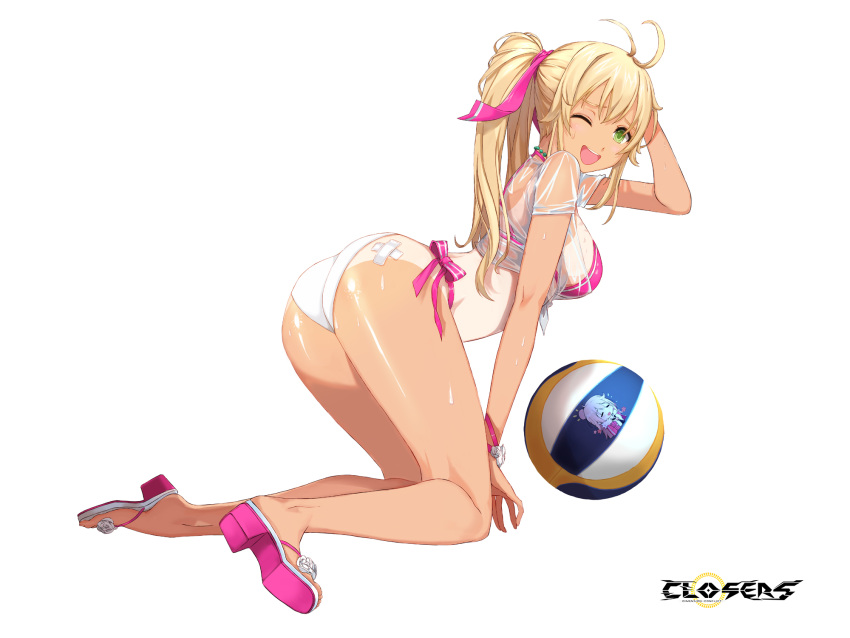 ;d alternate_hair_color antenna_hair ass bandaid bandaid_on_ass bare_legs bikini blonde_hair blush breasts closers copyright_name crossed_bandaids embarrassed female flower footwear_flower from_side full_body furrowed_brow green_eyes hair_ribbon hand_on_own_head hand_up highres kneeling leaning_forward logo long_hair looking_at_viewer medium_breasts mismatched_bikini official_art one-piece_tan one_eye_closed open_mouth pink_bikini pink_footwear pink_ribbon ponytail ribbon sandals see-through see-through_shirt shirt short_sleeves side-tie_bikini_bottom smile solo soma_(closers) sweat swimsuit tachi-e tan tanlines teeth tied_shirt upper_teeth_only variant_set volleyball wet wet_clothes wet_shirt white_background white_bikini white_flower white_shirt wrist_ribbon