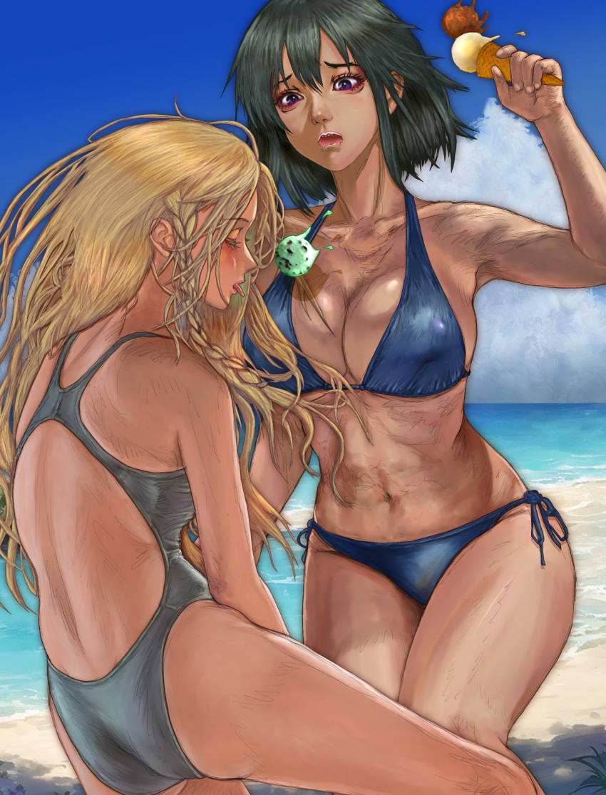 3hgdatunuri abs ass bikini black_hair blonde_hair blue_bikini blue_sky braid breasts cleavage cloud commentary_request commission competition_swimsuit cowboy_shot dark-skinned_female dark_skin day feet_out_of_frame food grey_one-piece_swimsuit highres ice_cream idolmaster idolmaster_cinderella_girls large_breasts layla_(idolmaster) long_hair natalia_(idolmaster) one-piece_swimsuit outdoors purple_eyes short_hair single_braid skeb_commission sky spill swimsuit