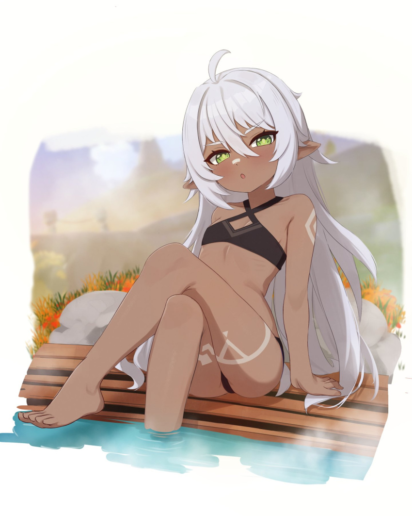 :o ahoge arm_support bare_shoulders barefoot bikini black_bikini commentary crossed_legs dark_skin female genshin_impact green_eyes grey_hair highres iansan_(genshin_impact) long_hair mockingeu pointy_ears sitting solo stomach swimsuit very_long_hair water