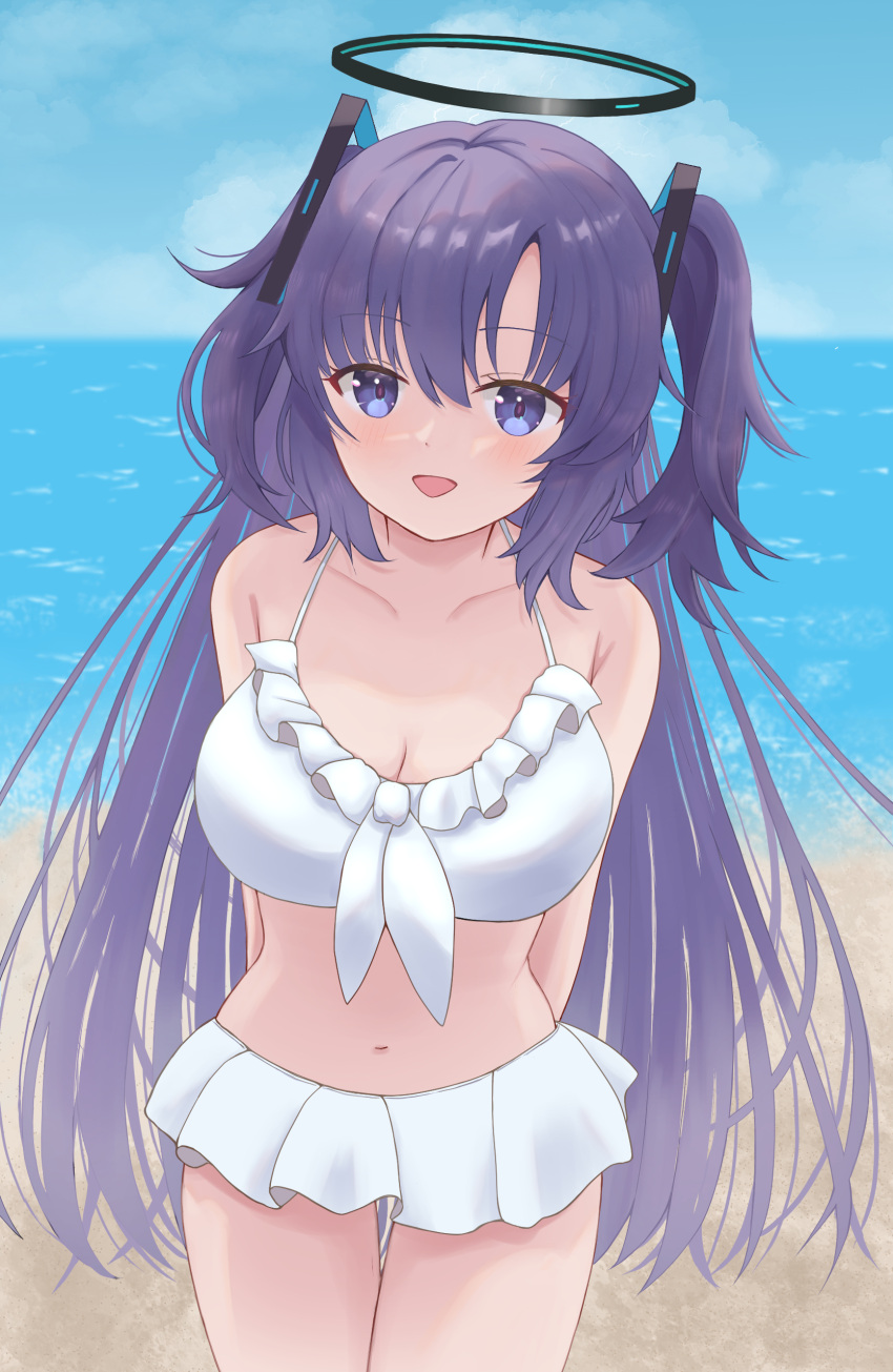 :d a_ekoa absurdres arms_behind_back beach bikini bikini_skirt blue_archive blue_eyes blue_sky breasts cleavage cloud collarbone day female frilled_bikini frills hair_between_eyes hair_ornament halo highres horizon long_hair looking_at_viewer mechanical_halo medium_breasts navel ocean open_mouth outdoors purple_hair sidelocks sky smile solo standing swimsuit very_long_hair white_bikini yuuka_(blue_archive)