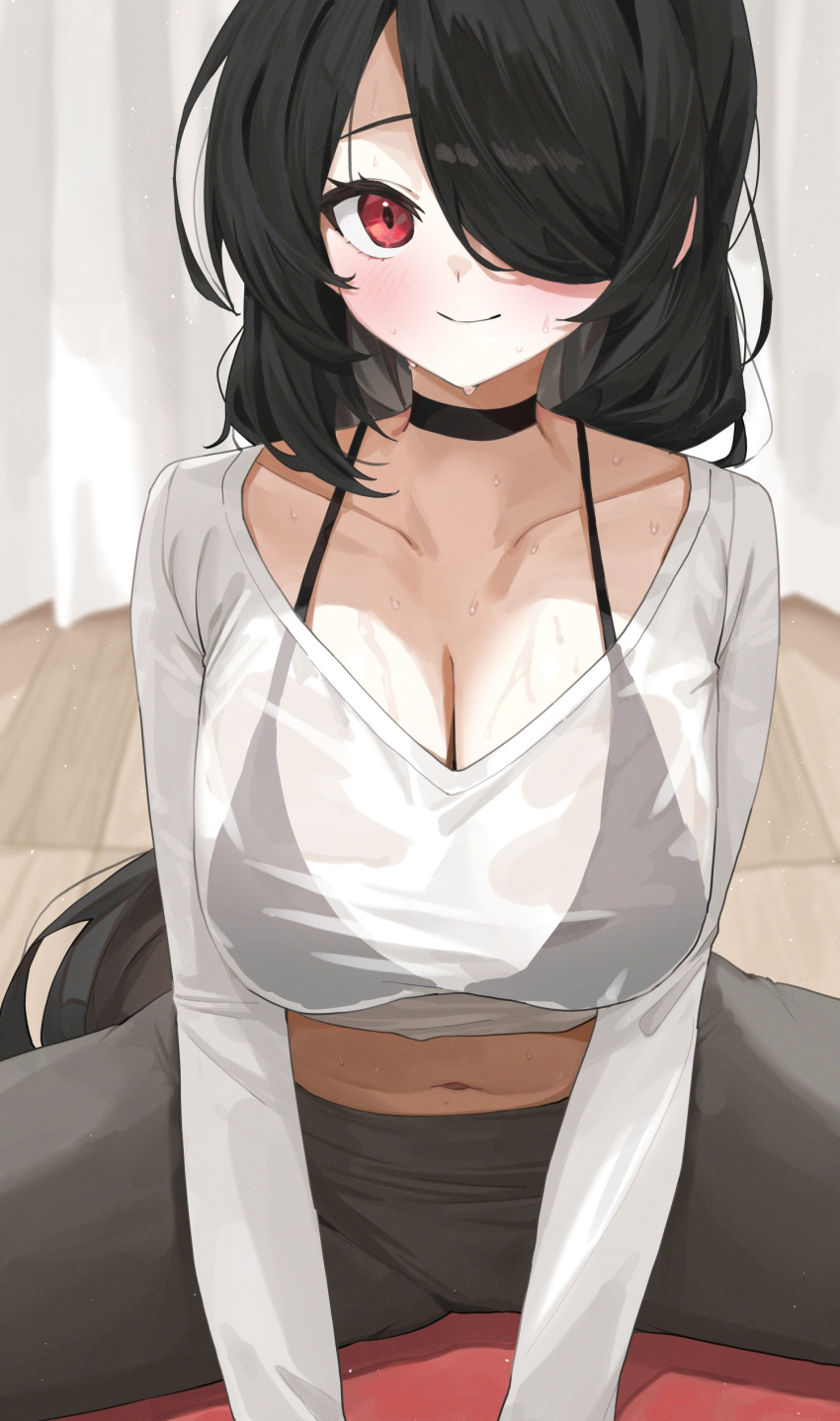 absurdres alternate_costume black_bra black_choker black_hair blue_archive blurry blurry_background blush bra breasts choker cleavage closed_mouth collarbone commentary_request female grey_pants highres hinata_(blue_archive) indoors jeon_(user_ywaw3774) long_hair long_sleeves looking_at_viewer navel pants red_eyes see-through see-through_shirt shirt smile solo split stomach sweat underwear very_long_hair wooden_floor yoga_mat yoga_pants