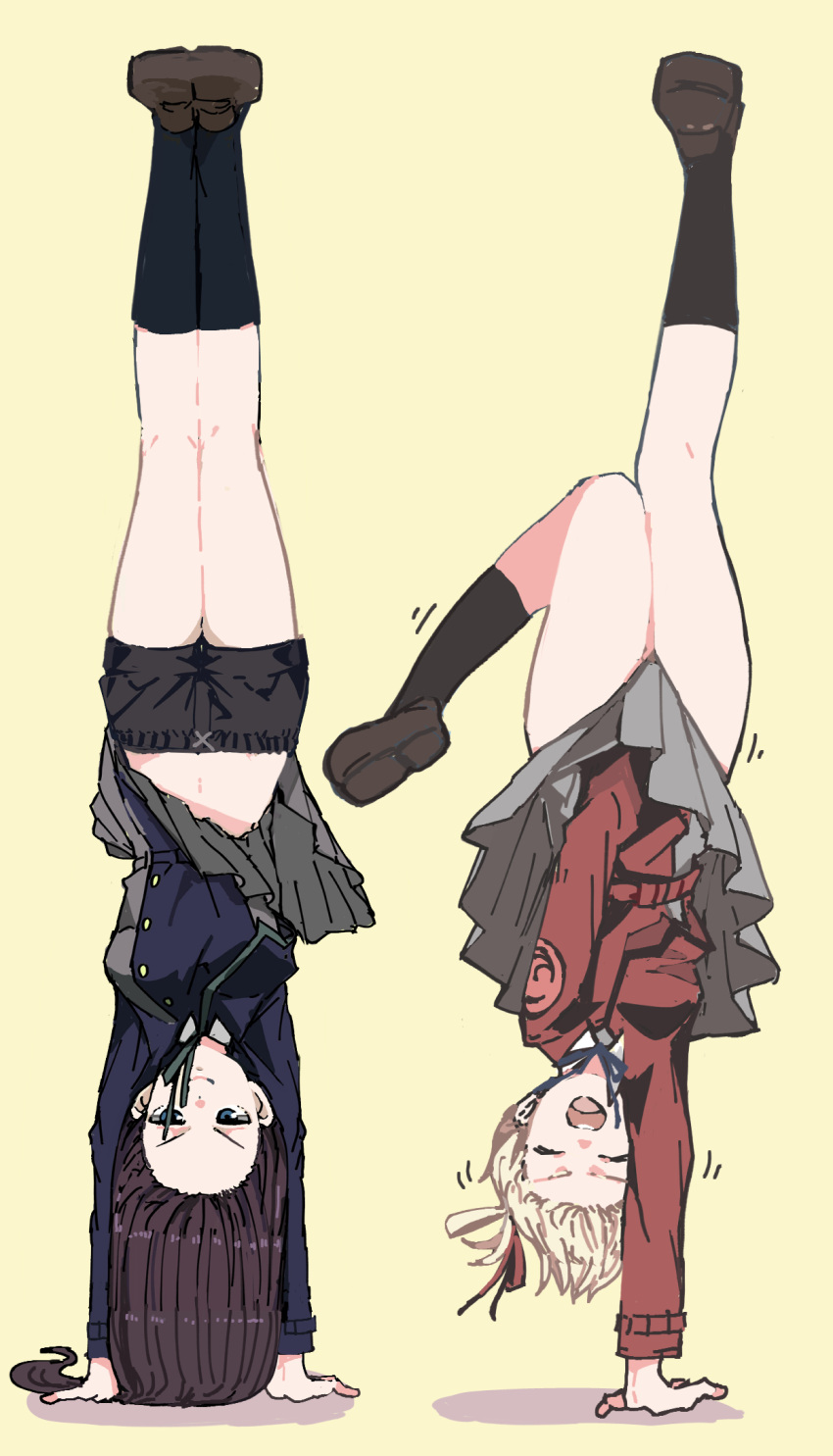 >:) 2girls black_hair black_socks blonde_hair blue_eyes grey_skirt handstand highres inoue_takina lycoris_recoil lycoris_uniform multiple_girls nishikigi_chisato one_arm_handstand panyatteria shorts shorts_under_skirt skirt skirt_hold smug socks v-shaped_eyebrows yellow_background