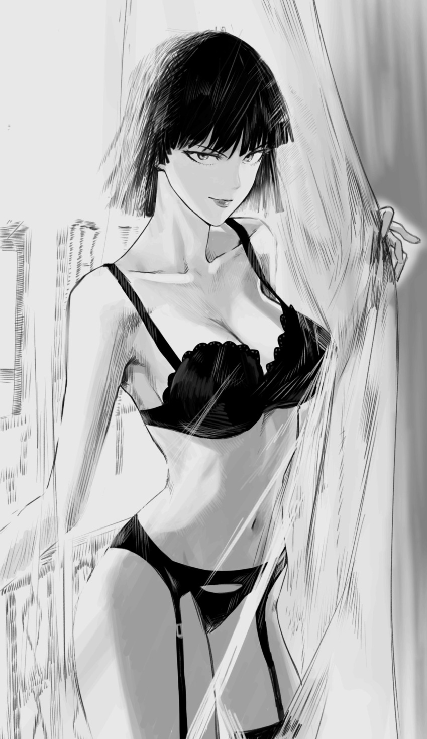 bob_cut bra breasts cleavage commentary cowboy_shot curtains female fubuki_(one-punch_man) garter_belt garter_straps greyscale hashtag-only_commentary highres large_breasts monochrome navel nnsee_d one-punch_man panties smile solo strap_gap thighhighs underwear