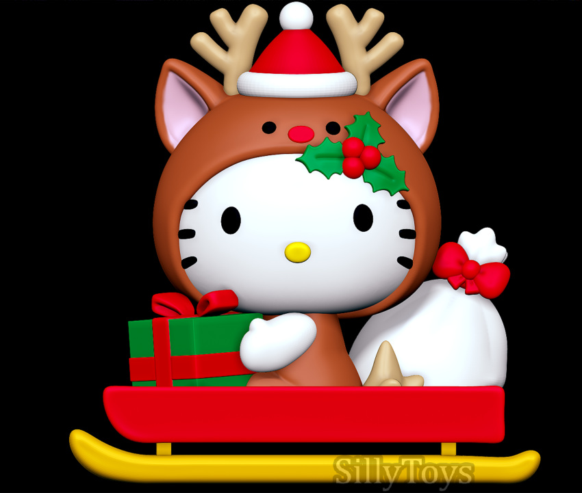 3d_(artwork) 3d_modeling 3d_print anthro bag bow_ribbon christmas christmas_clothing christmas_headwear clothing digital_media_(artwork) ears_up felid feline female gift hat headgear headwear hello_kitty_(series) hi_res holidays mammal raised_tail sanrio santa_hat sillytoys simple_background sled solo tail yellow_nose