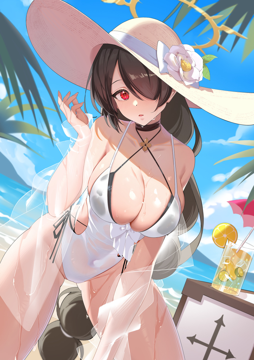 absurdres beach bikini black_bikini black_hair blue_archive blue_sky blush breasts casual_one-piece_swimsuit cleavage cloud cloudy_sky commentary_request covered_navel cup drinking_glass drinking_straw female flower hair_over_one_eye halo hat hat_flower highres hinata_(blue_archive) hinata_(swimsuit)_(blue_archive) kururu_(qqqqq59508750) large_breasts long_hair looking_at_viewer low-braided_long_hair low-tied_long_hair ocean official_alternate_costume official_alternate_hairstyle one-piece_swimsuit open_mouth red_eyes see-through sky solo straw_hat sun_hat swimsuit very_long_hair white_flower white_one-piece_swimsuit yellow_halo