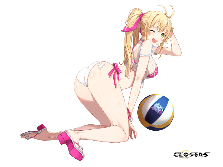 ;d alternate_hair_color antenna_hair ass bandaid bandaid_on_ass bare_legs bikini blonde_hair blush breasts closers copyright_name crossed_bandaids embarrassed female flower footwear_flower from_side full_body furrowed_brow green_eyes hair_ribbon hand_on_own_head hand_up highres kneeling leaning_forward logo long_hair looking_at_viewer medium_breasts mismatched_bikini official_art one_eye_closed open_mouth pink_bikini pink_footwear pink_ribbon ponytail ribbon sandals see-through see-through_shirt shirt short_sleeves side-tie_bikini_bottom smile solo soma_(closers) sweat swimsuit tachi-e teeth tied_shirt upper_teeth_only variant_set volleyball wet wet_clothes wet_shirt white_background white_bikini white_flower white_shirt wrist_ribbon