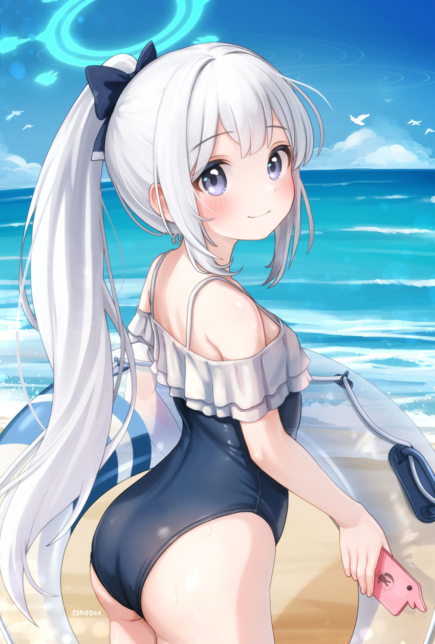 absurdres artist_name ass beach bird blue_archive blue_bow blue_halo blue_one-piece_swimsuit blue_sky blush bow casual_one-piece_swimsuit cellphone closed_mouth cloud comodomodo cowboy_shot day female frilled_one-piece_swimsuit frills from_side grey_hair hairbow halo highres holding holding_phone innertube long_hair looking_at_viewer miyako_(blue_archive) miyako_(swimsuit)_(blue_archive) ocean off-shoulder_one-piece_swimsuit off_shoulder official_alternate_costume one-piece_swimsuit outdoors phone ponytail purple_eyes shore sky smartphone smile solo standing sweat swim_ring swimsuit turning_head very_long_hair water