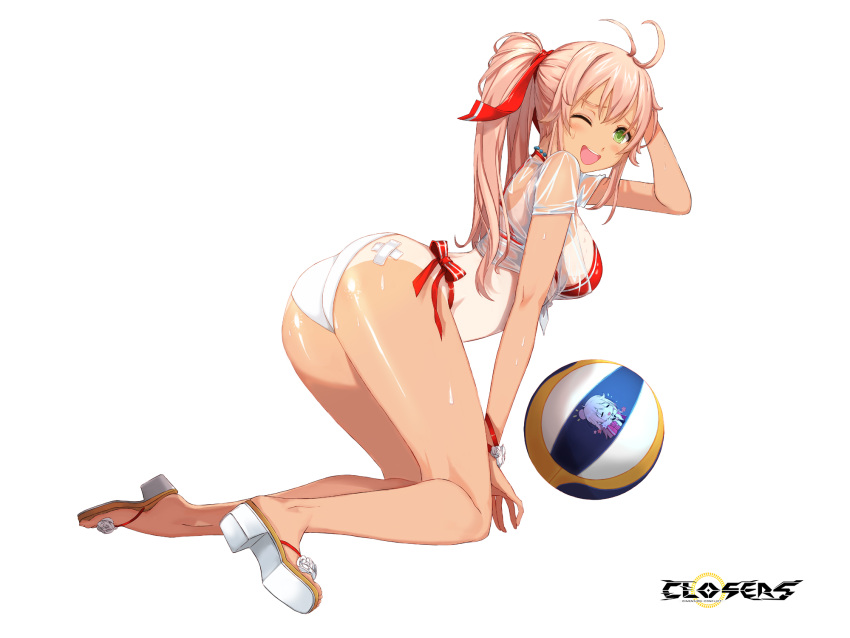 ;d antenna_hair ass bandaid bandaid_on_ass bare_legs bikini blonde_hair blush breasts closers copyright_name crossed_bandaids embarrassed female flower footwear_flower from_side full_body furrowed_brow green_eyes hair_ribbon hand_on_own_head hand_up highres kneeling leaning_forward logo long_hair looking_at_viewer medium_breasts mismatched_bikini official_art one-piece_tan one_eye_closed open_mouth ponytail red_bikini red_ribbon ribbon sandals see-through see-through_shirt shirt short_sleeves side-tie_bikini_bottom smile solo soma_(closers) sweat swimsuit tachi-e tan tanlines teeth tied_shirt upper_teeth_only variant_set volleyball wet wet_clothes wet_shirt white_background white_bikini white_flower white_footwear white_shirt wrist_ribbon