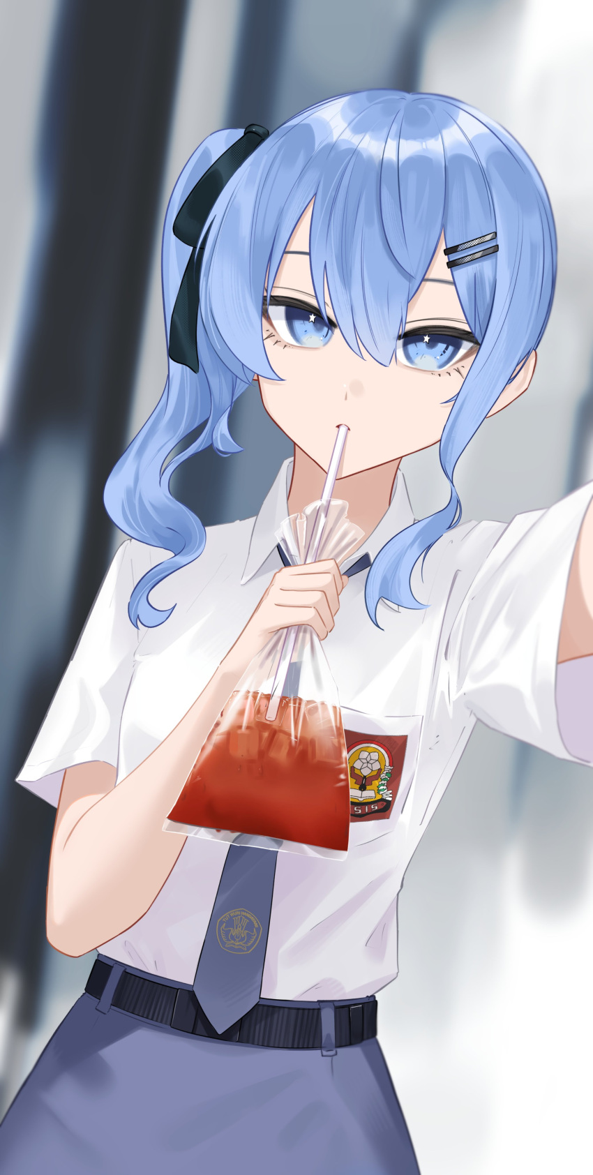 absurdres alternate_costume bag blue_eyes blue_hair collared_shirt commentary cowboy_shot drinking_straw dutch_angle english_commentary female grey_necktie grey_skirt gungssrp highres holding holding_bag hololive hoshimachi_suisei indonesian_high_school_uniform looking_at_viewer necktie plastic_bag school_uniform shirt shirt_tucked_in short_sleeves side_ponytail skirt solo virtual_youtuber white_shirt