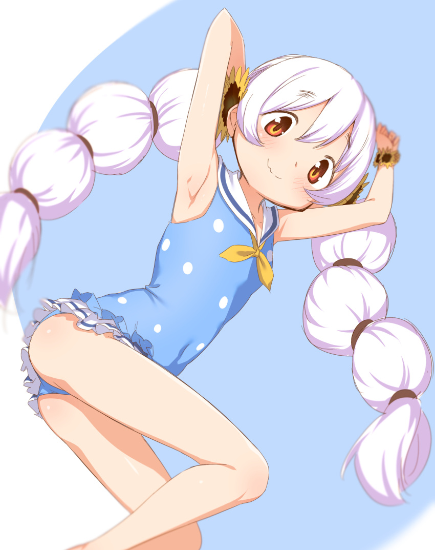 abstract_background abutomato armpits arms_up blue_one-piece_swimsuit blush brown_eyes feet_out_of_frame female flat_chest flower frilled_one-piece_swimsuit frills hair_flower hair_ornament highres long_hair looking_at_viewer mahou_shoujo_madoka_magica momoe_nagisa multicolored_eyes one-piece_swimsuit polka_dot polka_dot_swimsuit ringed_eyes sailor_collar sailor_one-piece_swimsuit smile solo sunflower sunflower_hair_ornament swimsuit twintails very_long_hair white_hair yellow_eyes