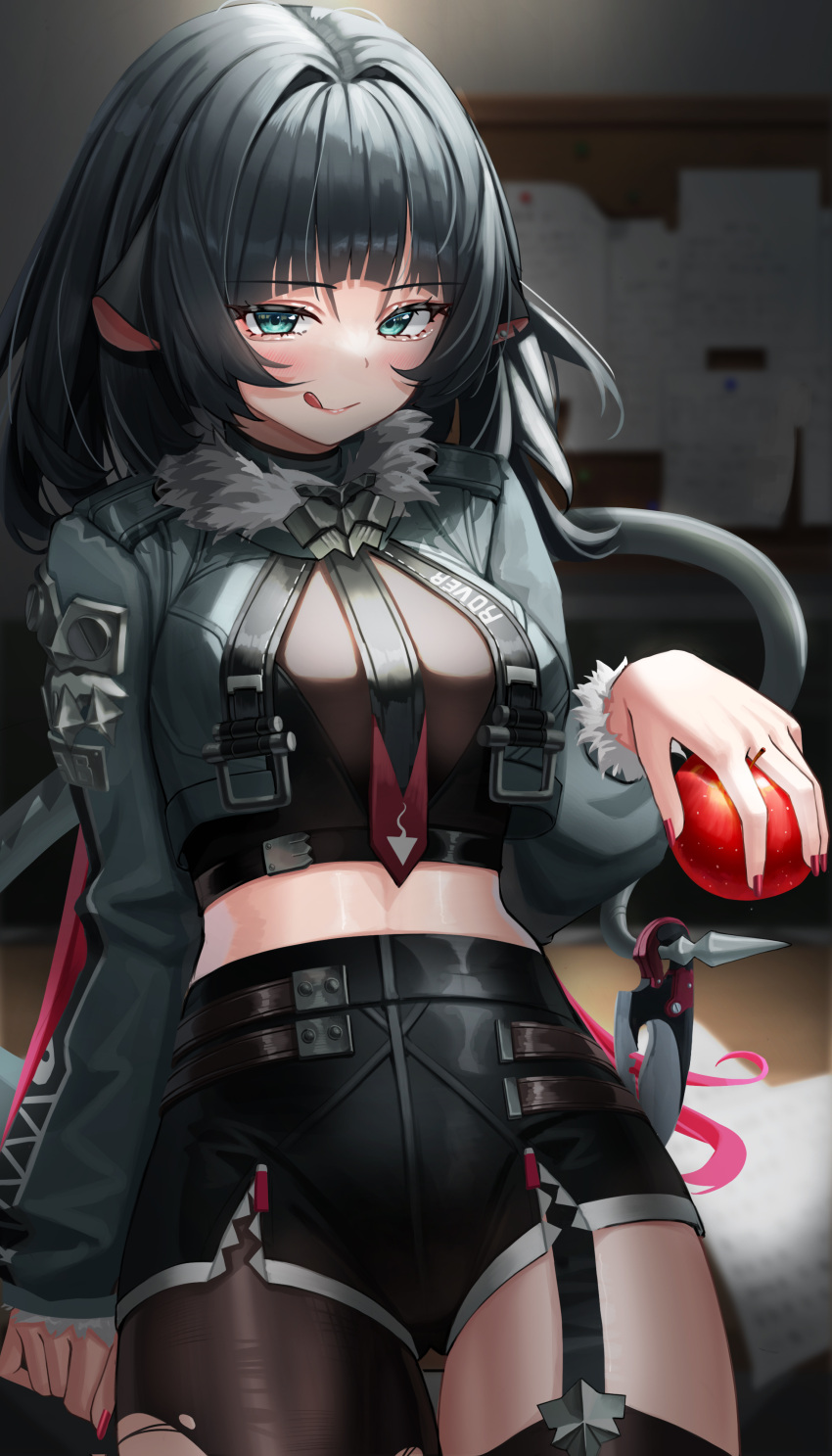 :q absurdres animal_ears apple arm_support black_hair black_necktie black_shorts black_thighhighs blurry blurry_background blush breasts commentary female fingernails food fruit fur-trimmed_jacket fur_trim green_eyes grey_jacket hair_intakes highres holding holding_food holding_fruit hsxxx indoors jacket jane_doe_(zenless_zone_zero) large_breasts long_hair long_sleeves looking_at_viewer midriff mouse_ears mouse_girl mouse_tail nail_polish necktie pantyhose puffy_long_sleeves puffy_sleeves red_hair red_nails short_shorts shorts single_leg_pantyhose single_thighhigh solo tail thighhighs thighs tongue tongue_out torn_clothes torn_pantyhose zenless_zone_zero