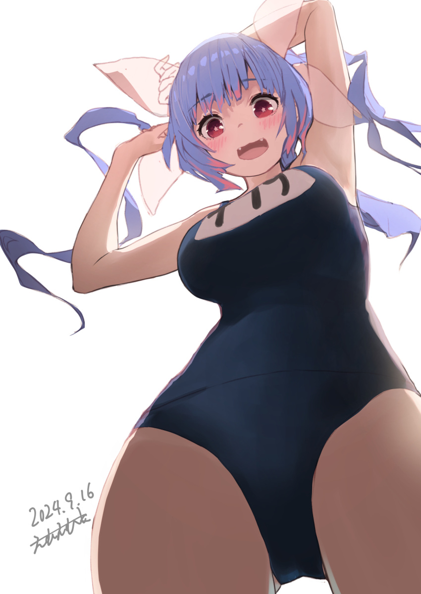 ass_visible_through_thighs blue_hair blush breasts dated fangs female flower-shaped_pupils from_below hair_ornament hair_ribbon highres i-19_(kancolle) kantai_collection large_breasts long_hair looking_at_viewer looking_down mmk_(majinai_no_mori) name_tag one-piece_swimsuit open_mouth red_eyes ribbon school_swimsuit shirt signature simple_background smile solo swimsuit symbol-shaped_pupils tri_tails twintails white_shirt